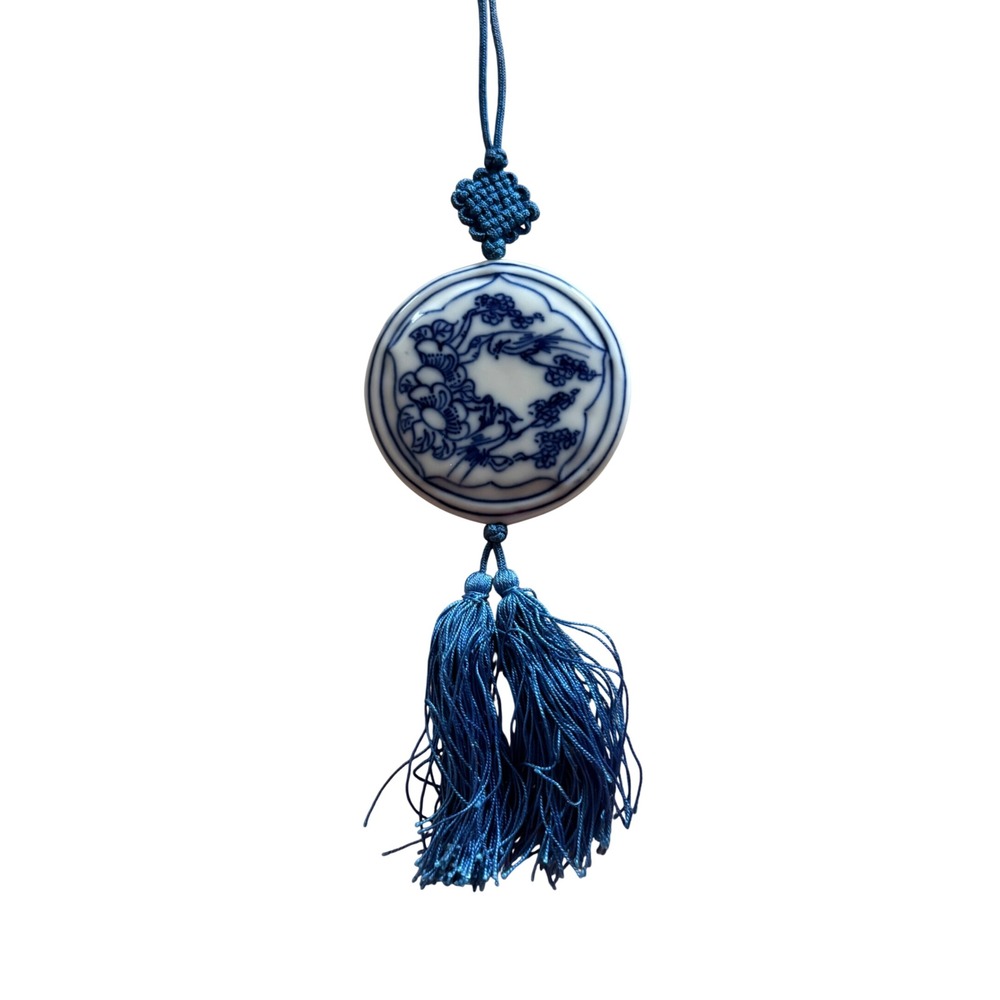 Blue and White Porcelain Pendant Necklace Chinese Knot Tassel CeramicFloral Bird
